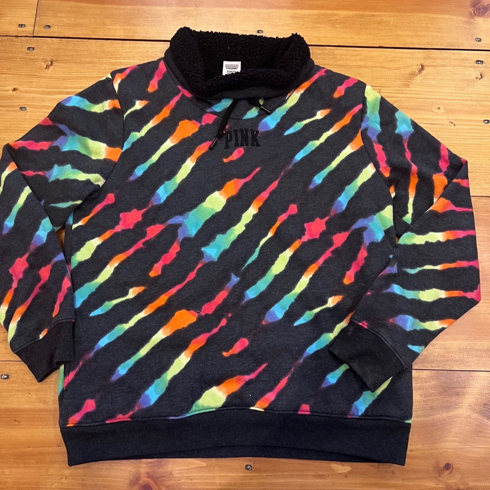 Victoria's Secret PINK Sherpa Lined Cowl Neck Pullover Rainbow Zebra Small S A11